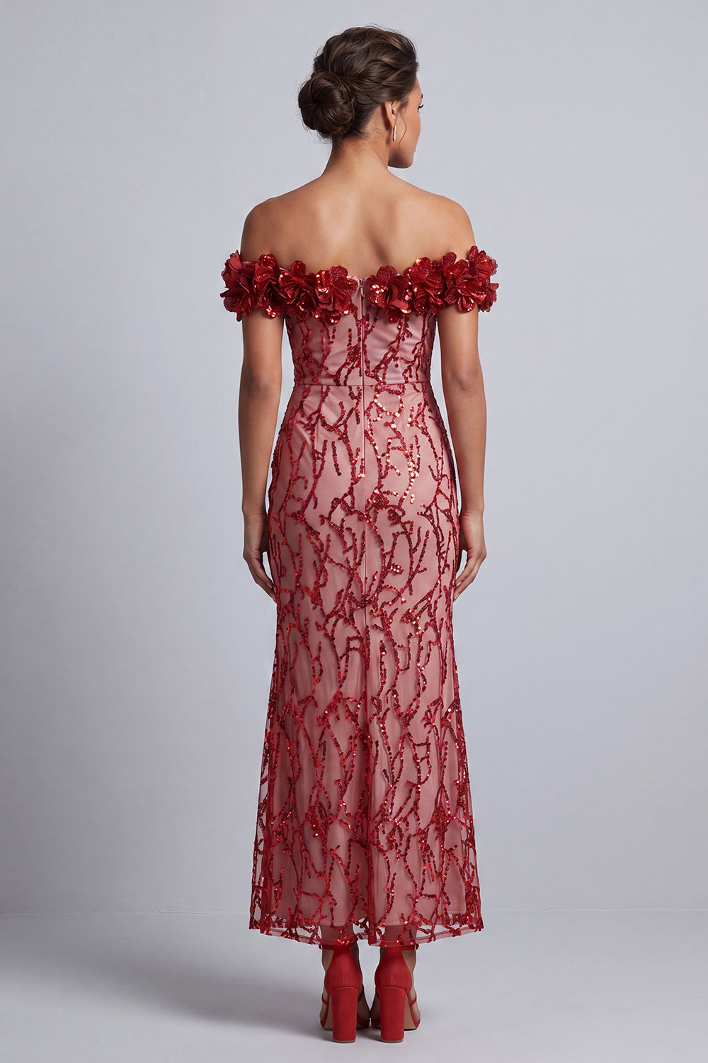 Long Sparkly Pink Sequin Mermaid Mother of the Bride Dress with 3D Flowers