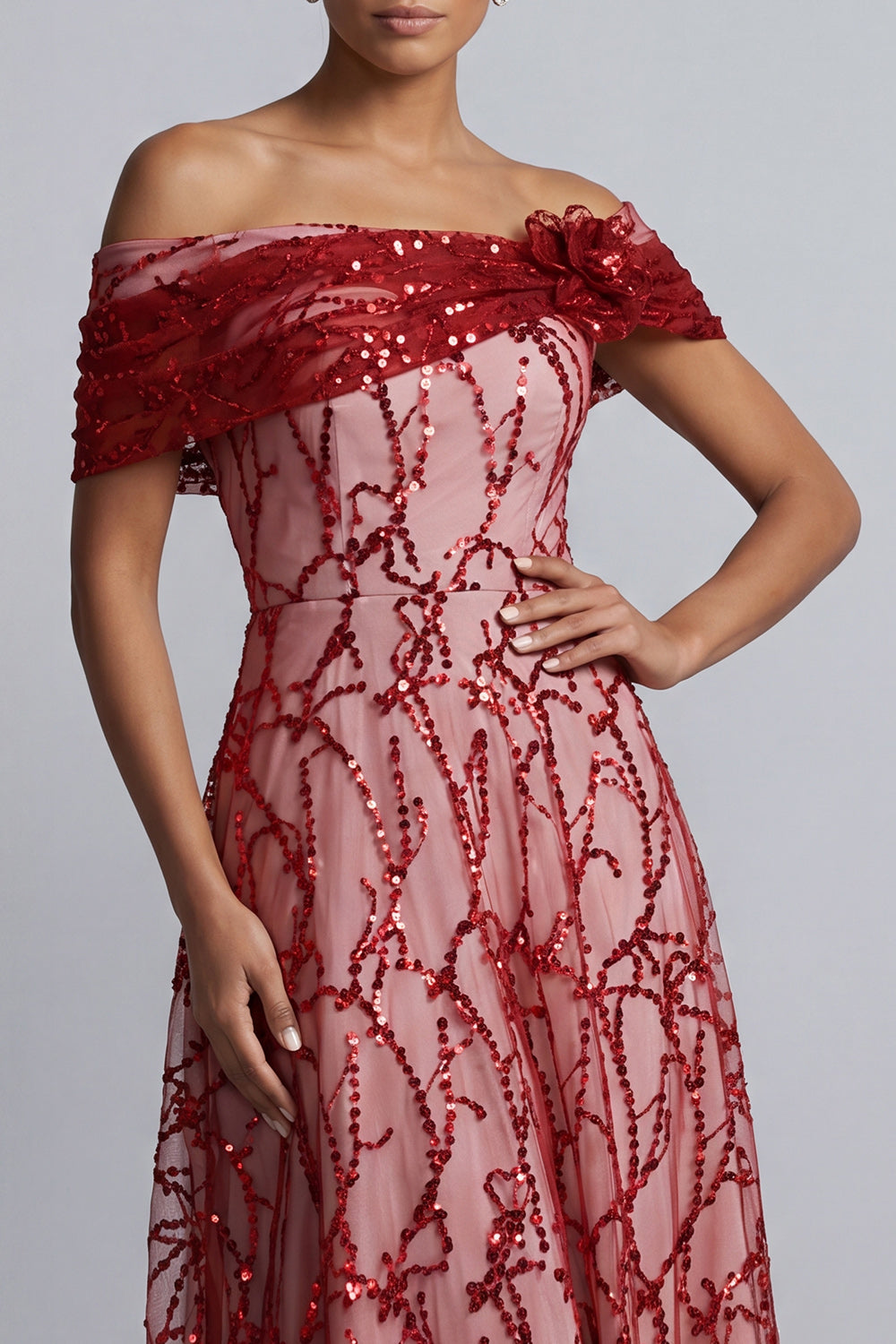 Sparkly Red Floral Beaded A-Line Long Mother of the Bride Dress