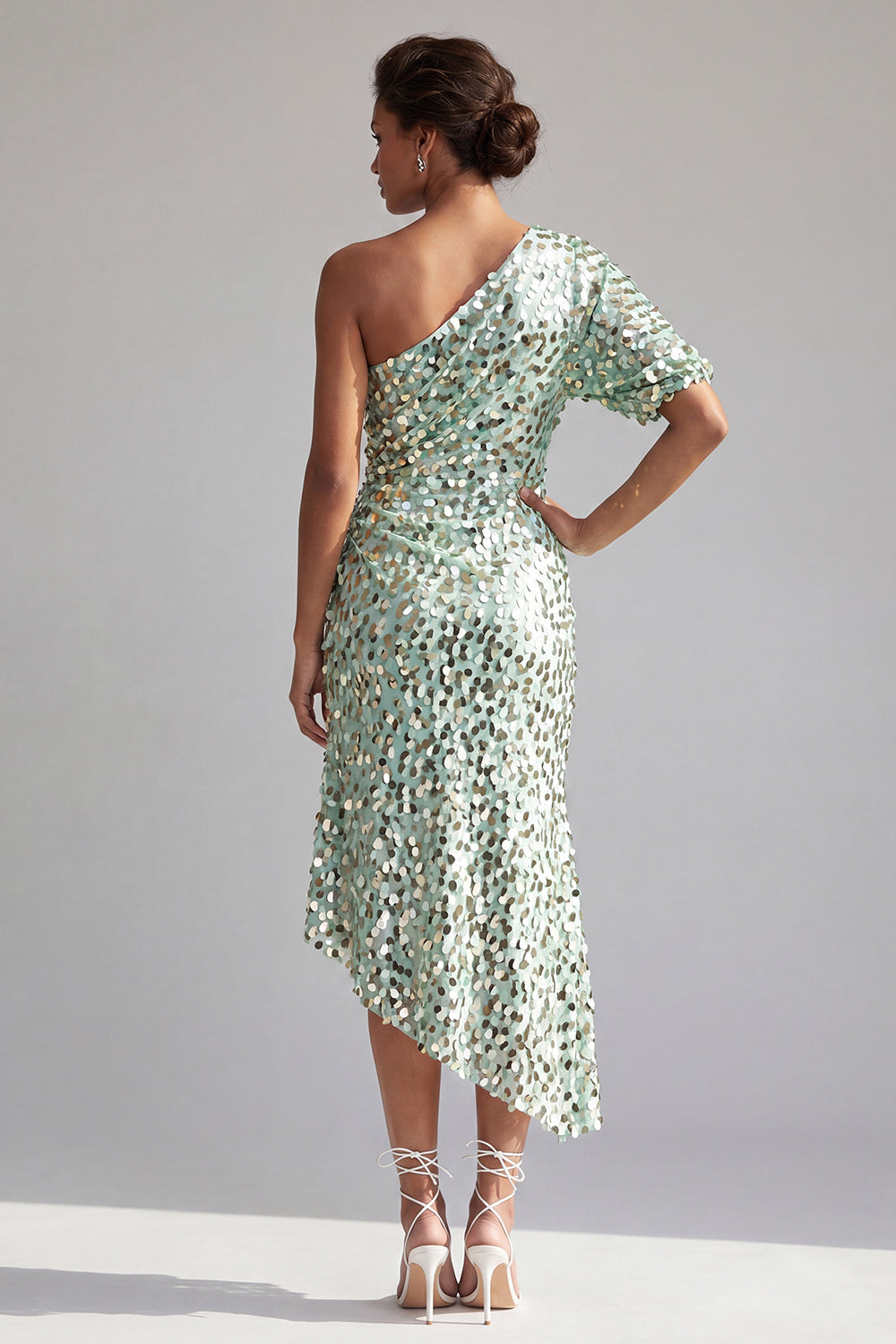 Sparkly Champagne Sequin Mermaid Asymmetrical Mother of the Bride Dress with Sleeve