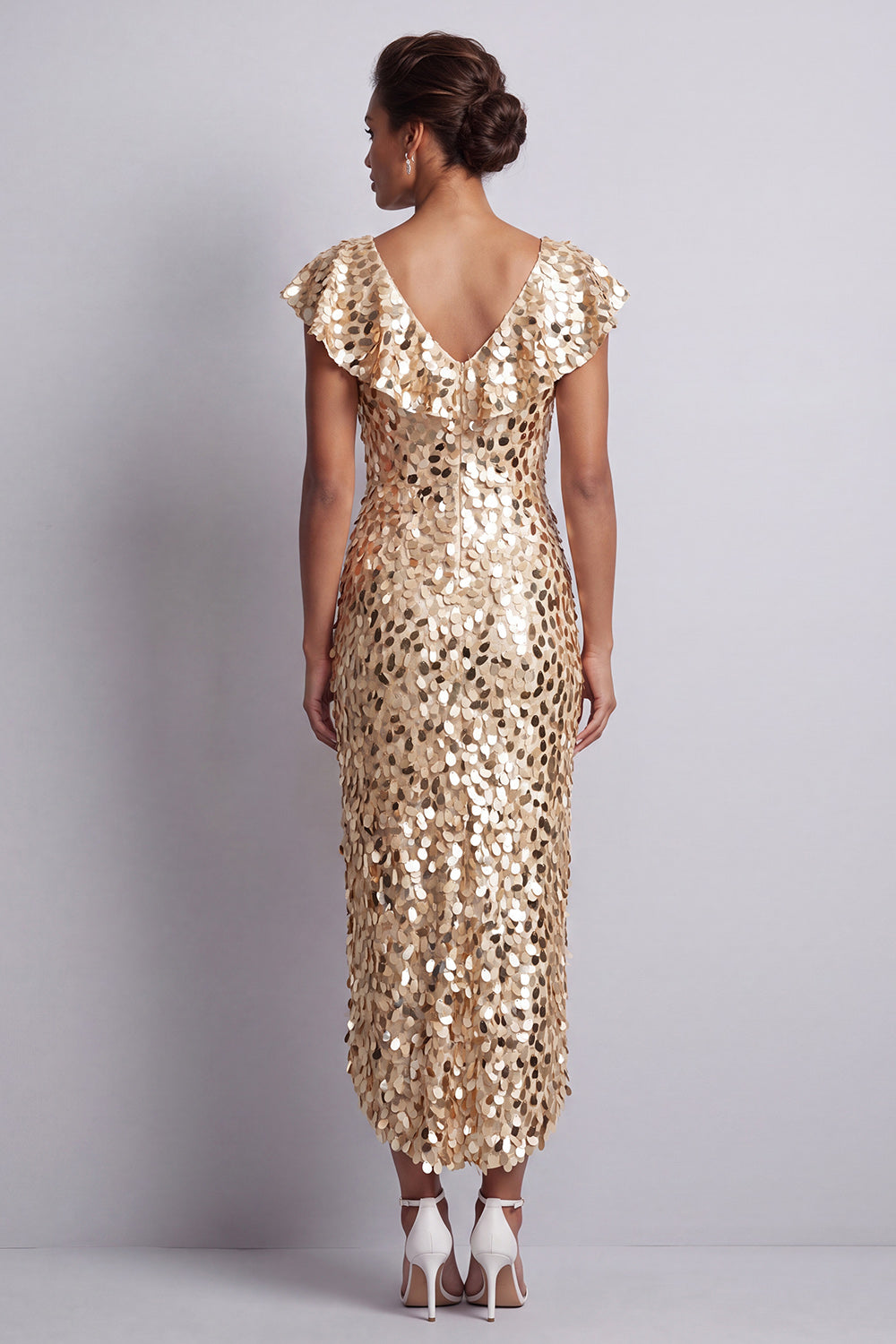 Sparkly Green Sequin Sheath High-Low Mother of the Bride Dress with Ruffles