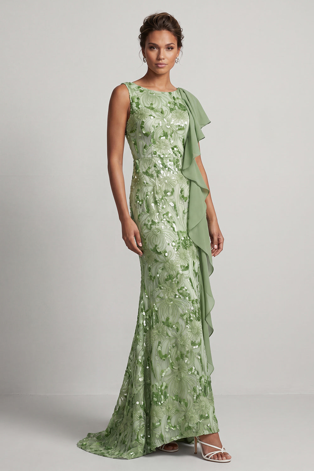 Sparkly Green Floral Sequin Mermaid Ruffled Long Mother of the Bride Dress