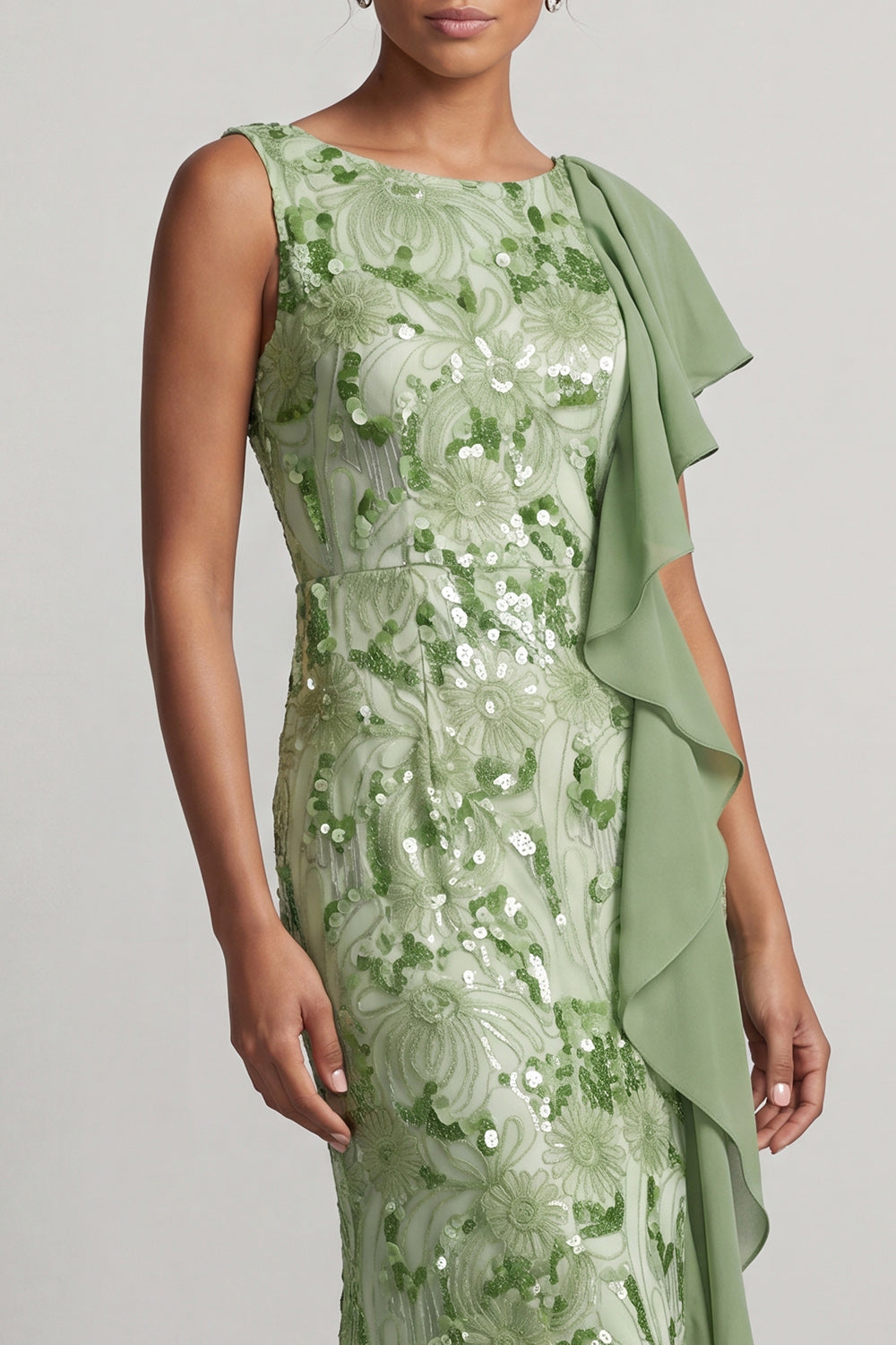Sparkly Green Floral Sequin Mermaid Ruffled Long Mother of the Bride Dress