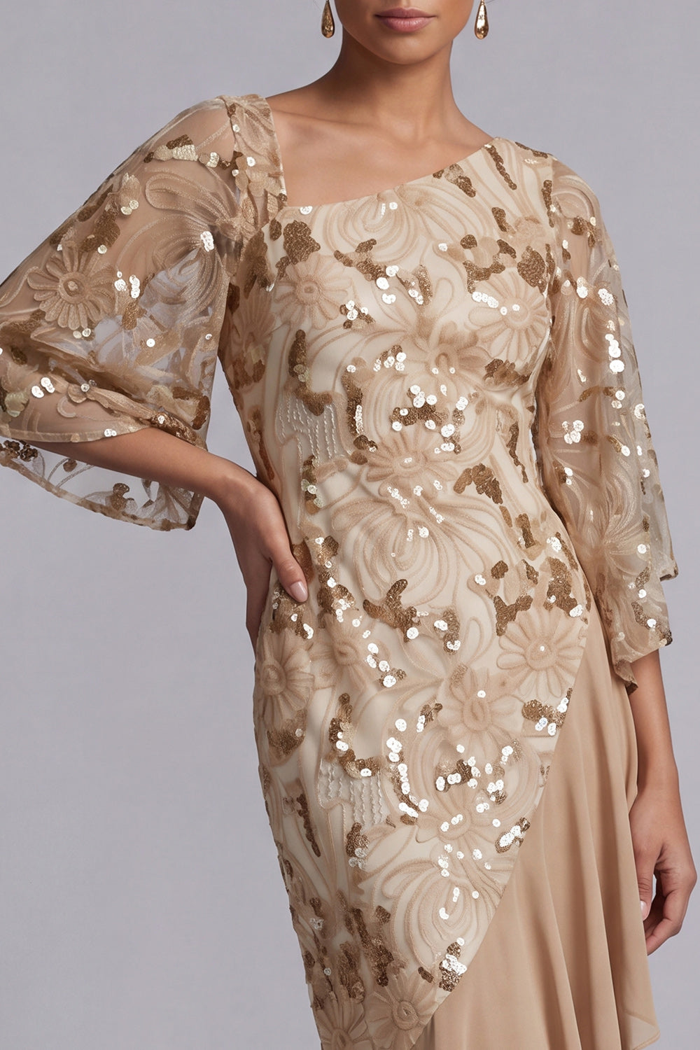 Floral Sparkly Green Sequin Mermaid Asymmetrical Mother of the Bride Dress