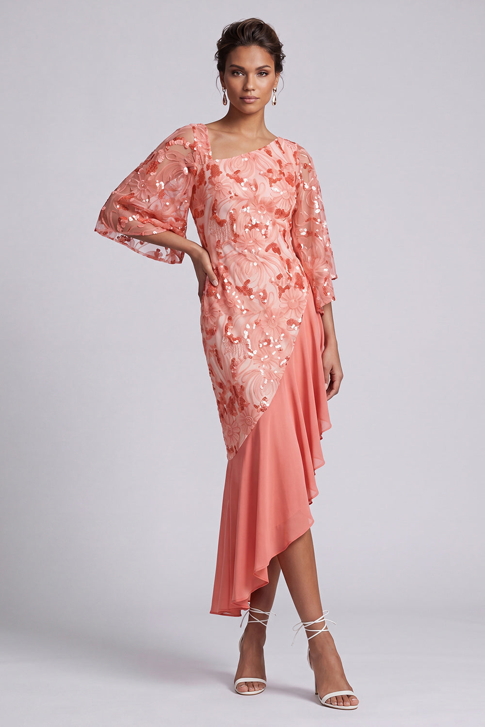 Floral Sparkly Green Sequin Mermaid Asymmetrical Mother of the Bride Dress