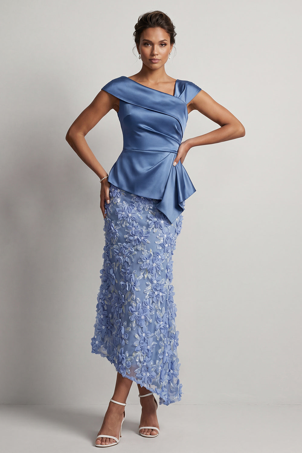 Blue Floral Ruched Beaded Mermaid Long Mother of the Bride Dress