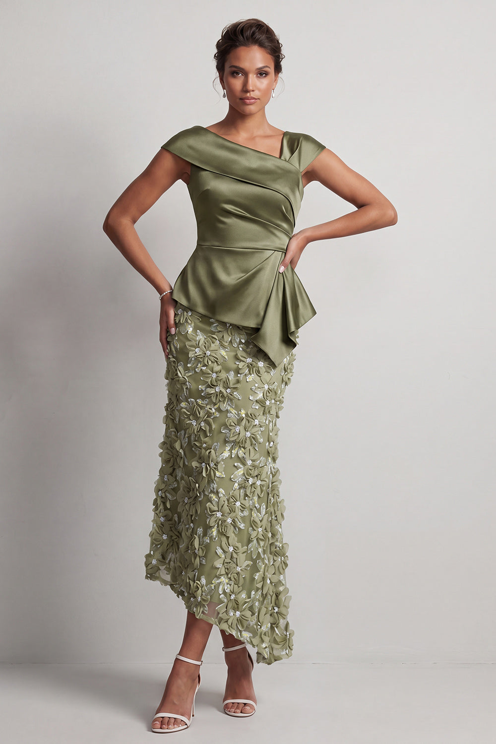 Blue Floral Ruched Beaded Mermaid Long Mother of the Bride Dress