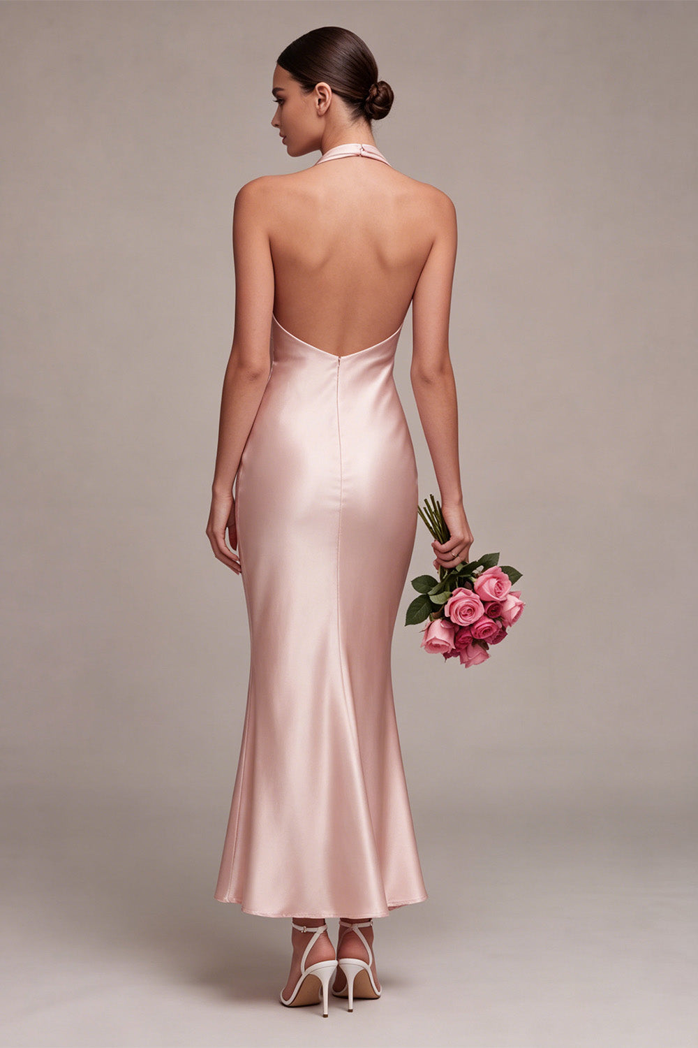 Dark Pink Halter Satin Mermaid Maxi Wedding Guest Dress with Bow