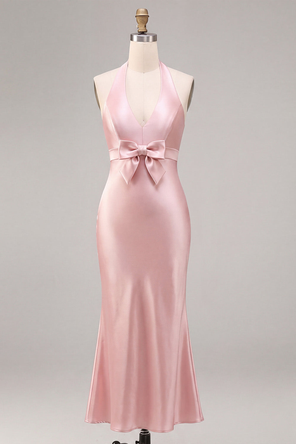 Dark Pink Halter Satin Mermaid Maxi Wedding Guest Dress with Bow