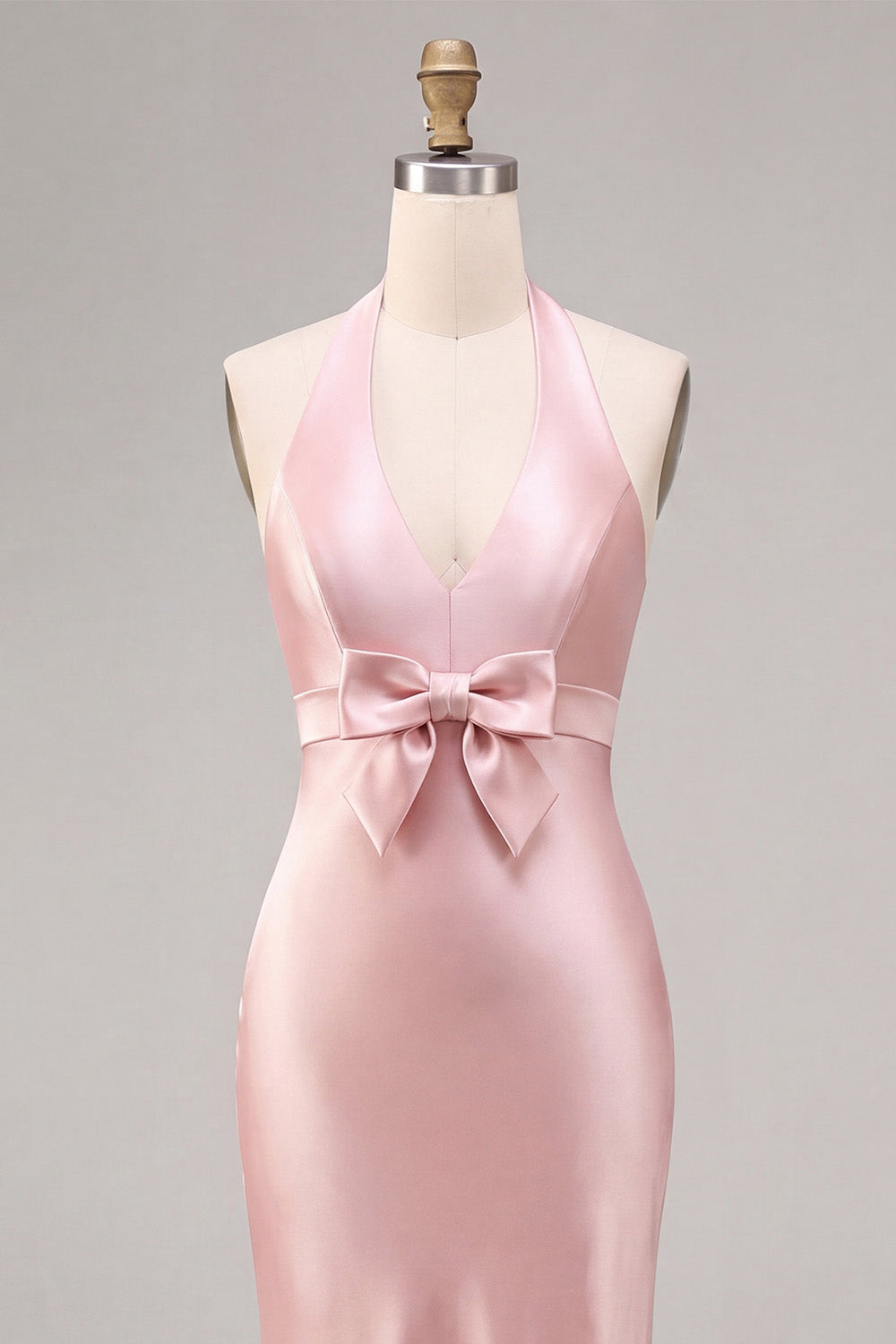 Dark Pink Halter Satin Mermaid Maxi Wedding Guest Dress with Bow