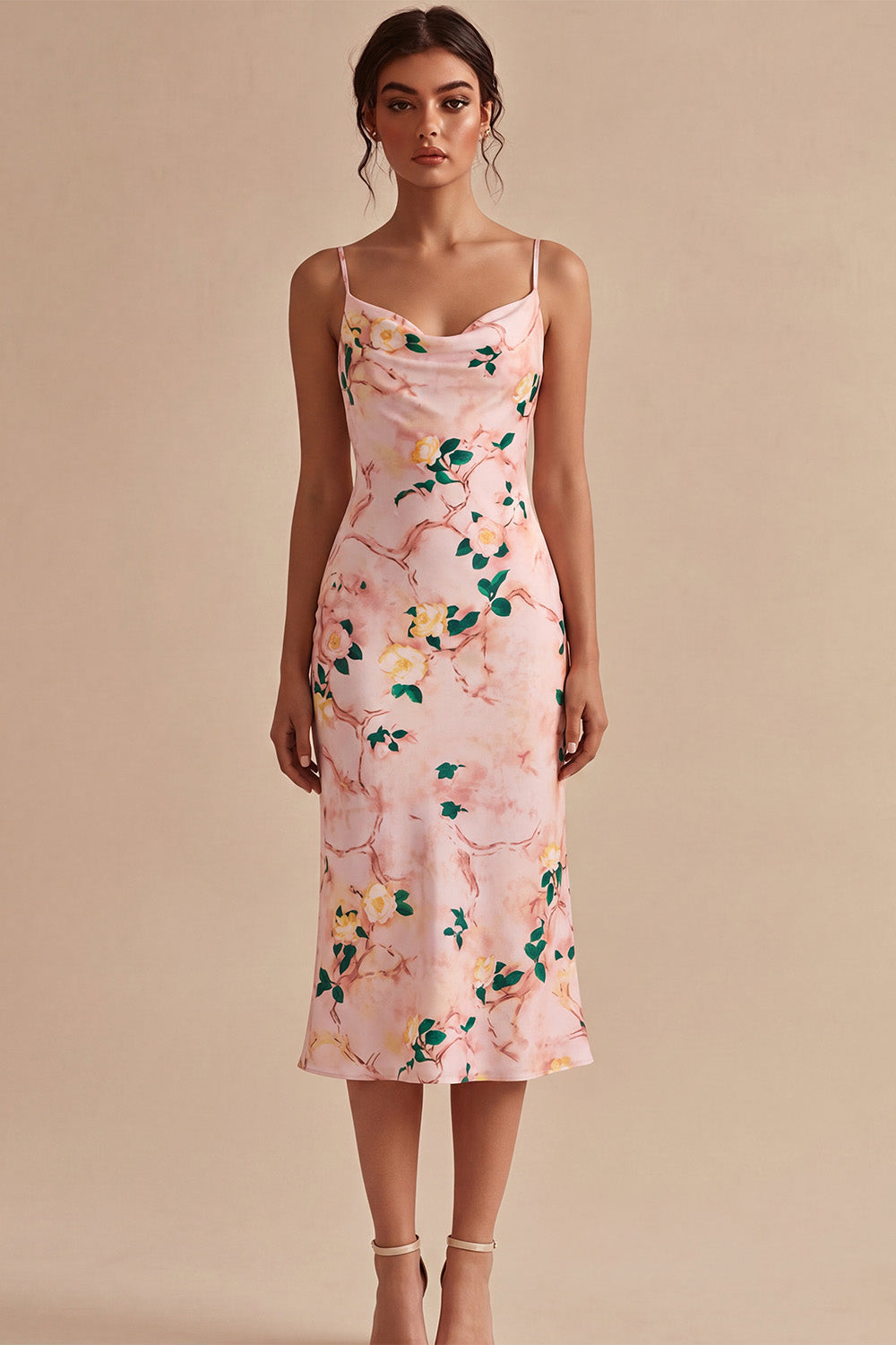 Floral Pink Pencil Cowl Neck Midi Wedding Guest Dress