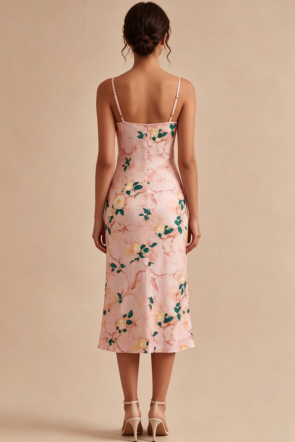 Floral Pink Pencil Cowl Neck Midi Wedding Guest Dress