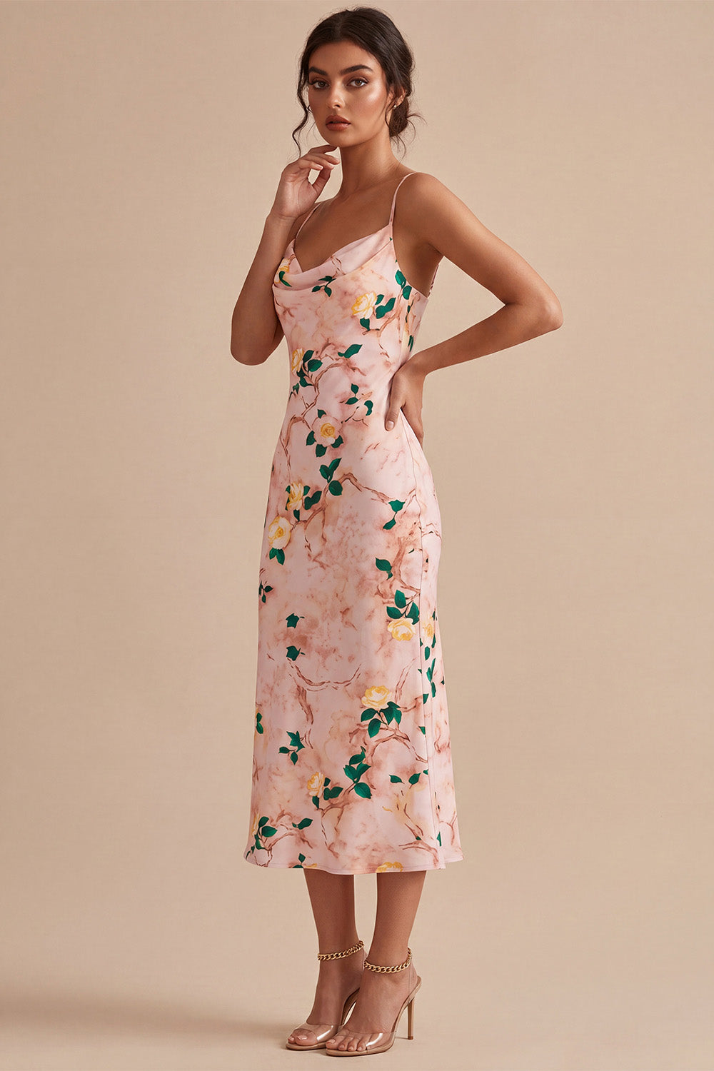Floral Pink Pencil Cowl Neck Midi Wedding Guest Dress