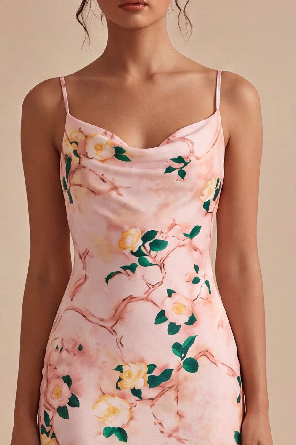 Floral Pink Pencil Cowl Neck Midi Wedding Guest Dress