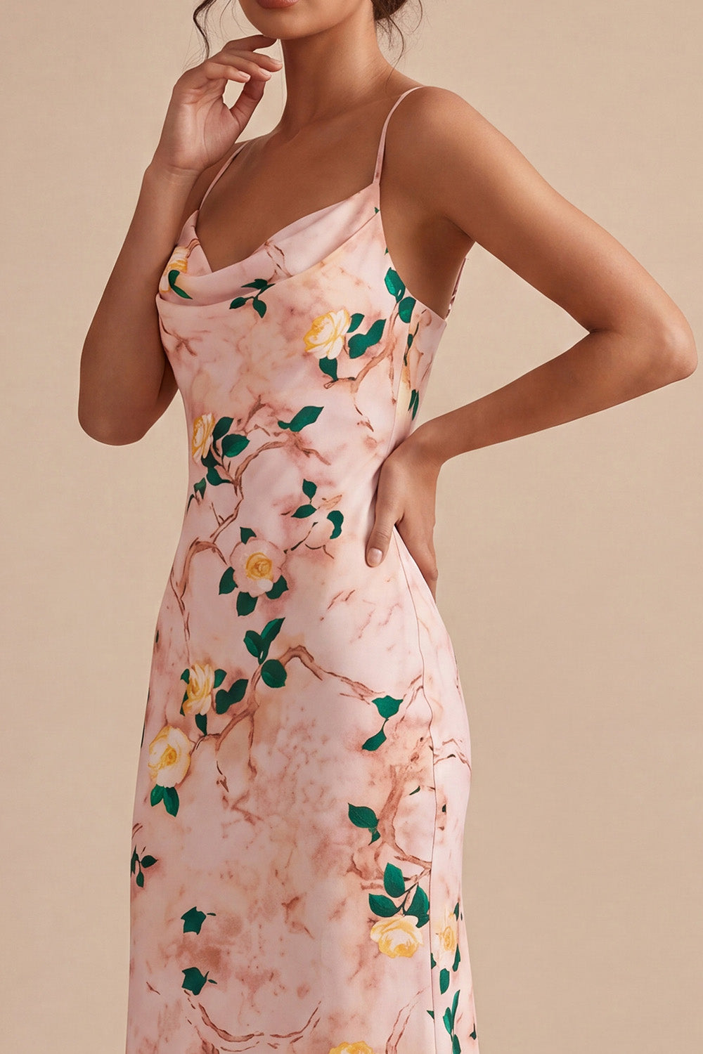 Floral Pink Pencil Cowl Neck Midi Wedding Guest Dress