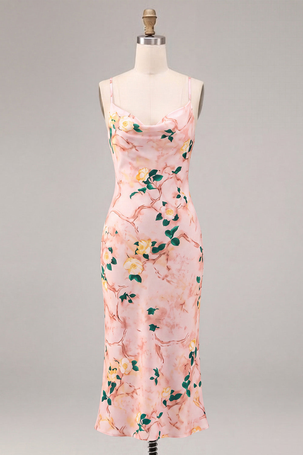Floral Pink Pencil Cowl Neck Midi Wedding Guest Dress