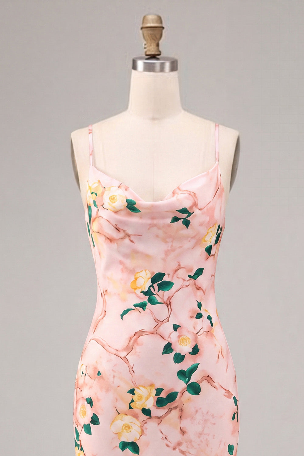 Floral Pink Pencil Cowl Neck Midi Wedding Guest Dress
