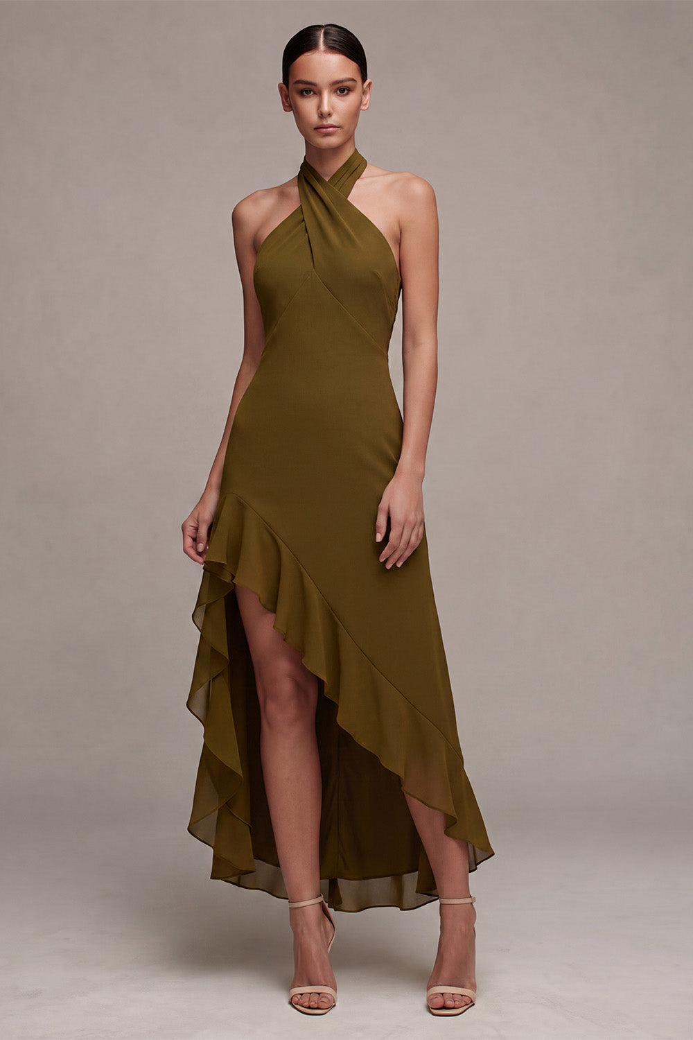 Olive Chiffon Halter Ruffled High-Low Wedding Guest Dress