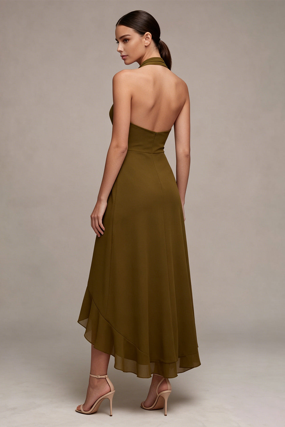 Olive Chiffon Halter Ruffled High-Low Wedding Guest Dress