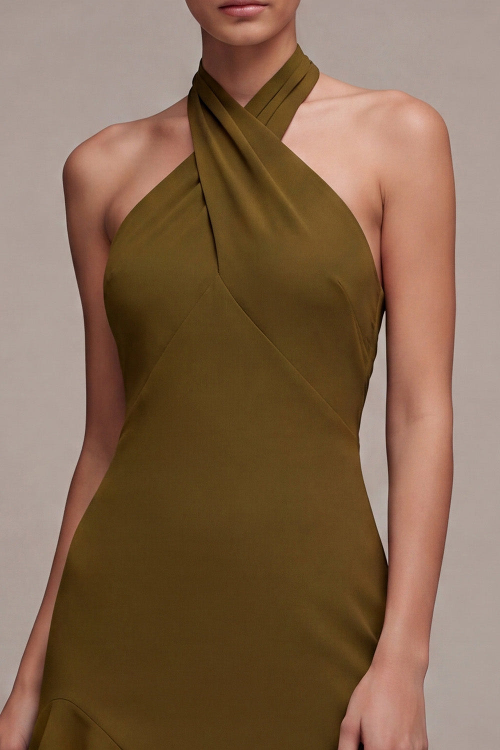 Olive Chiffon Halter Ruffled High-Low Wedding Guest Dress