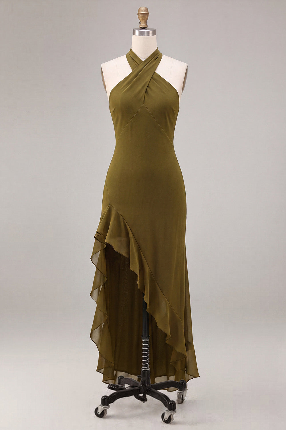 Olive Chiffon Halter Ruffled High-Low Wedding Guest Dress