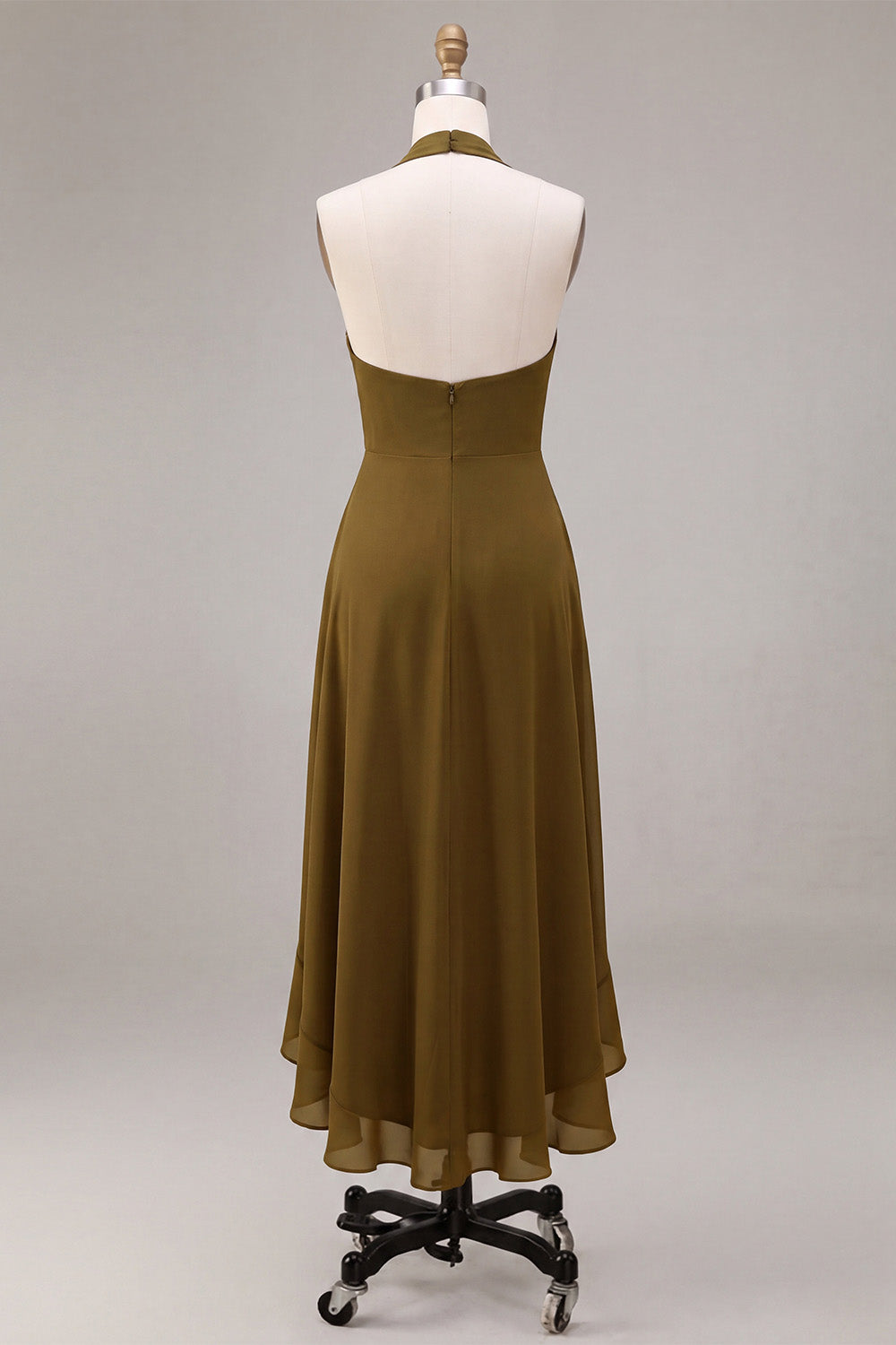 Olive Chiffon Halter Ruffled High-Low Wedding Guest Dress