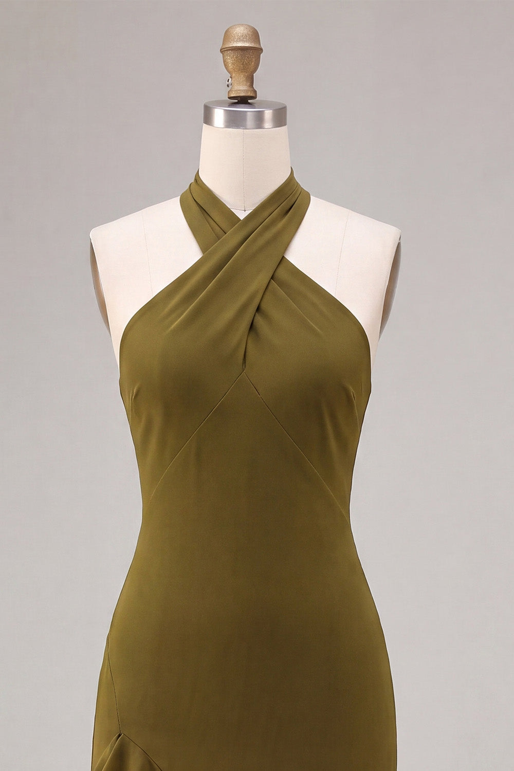 Olive Chiffon Halter Ruffled High-Low Wedding Guest Dress