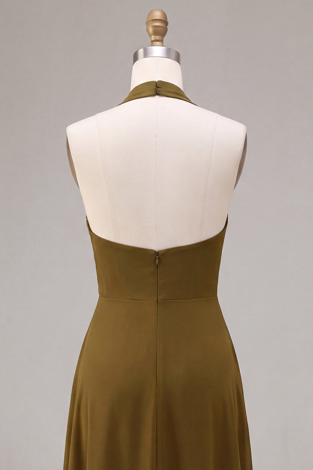 Olive Chiffon Halter Ruffled High-Low Wedding Guest Dress