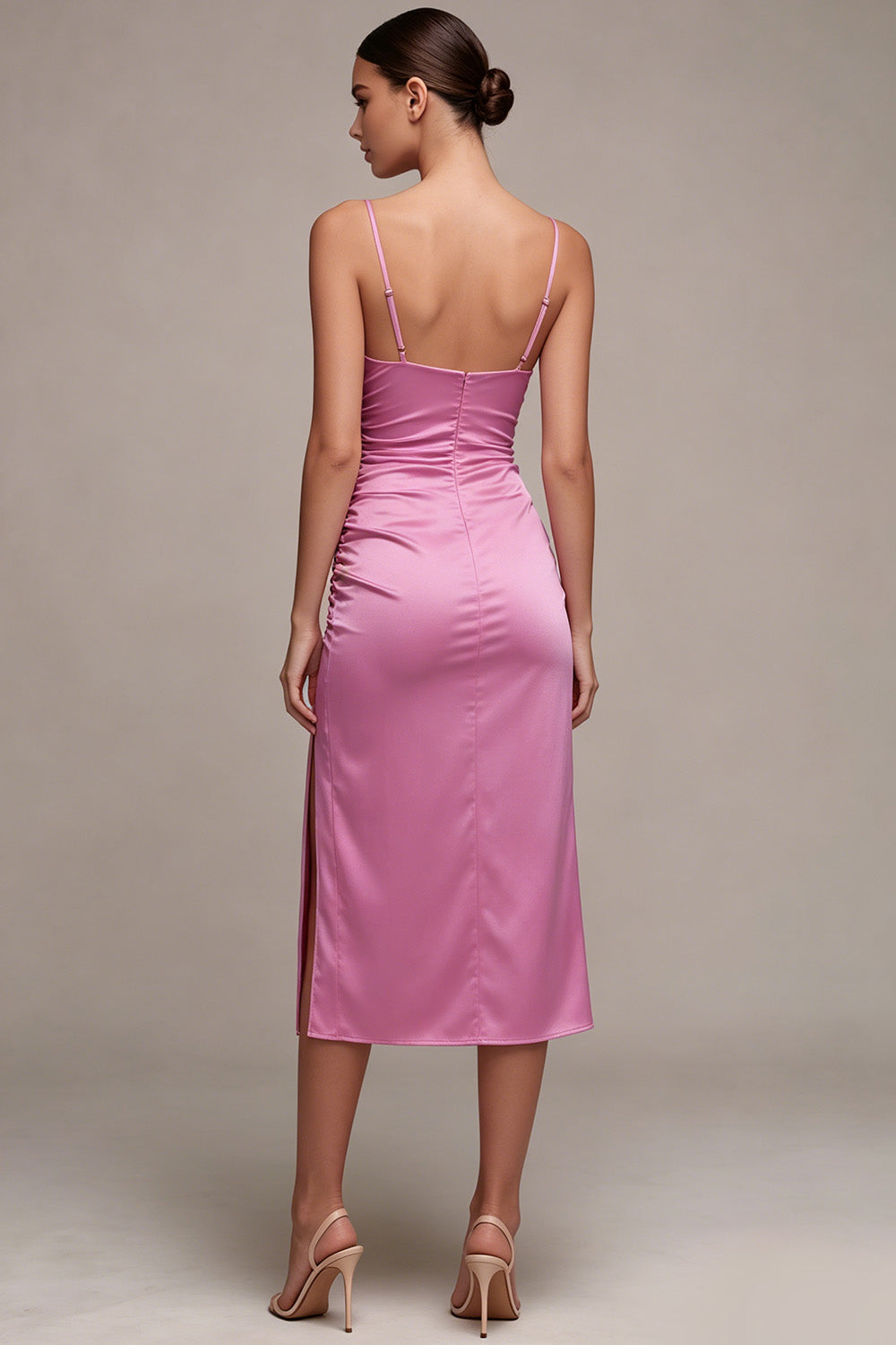 Fuchsia Satin Ruched Pencil Midi Wedding Guest Dress with Slit