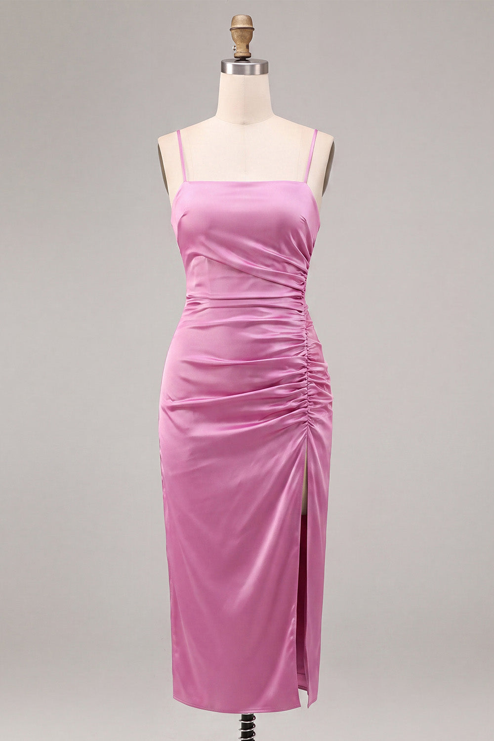 Fuchsia Satin Ruched Pencil Midi Wedding Guest Dress with Slit