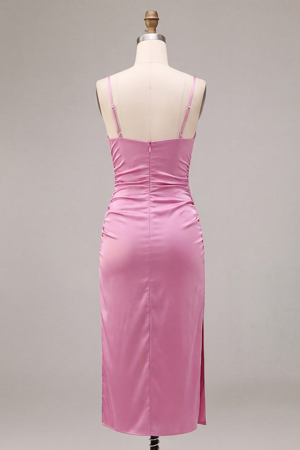 Fuchsia Satin Ruched Pencil Midi Wedding Guest Dress with Slit
