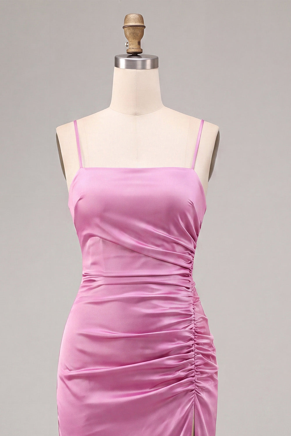 Fuchsia Satin Ruched Pencil Midi Wedding Guest Dress with Slit