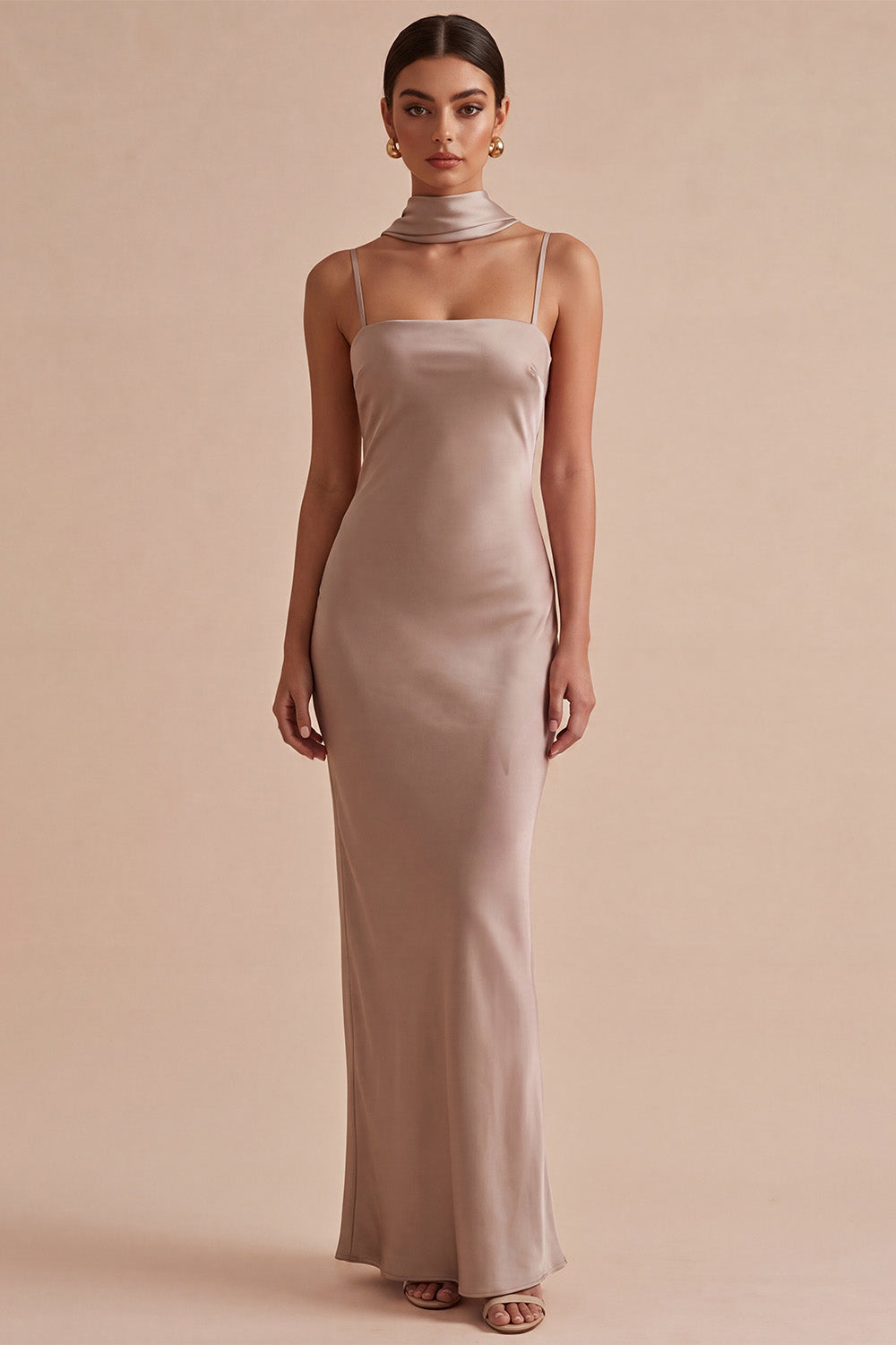 Dusty Rose Mermaid Long Satin Wedding Guest Dress with Neck Scarf