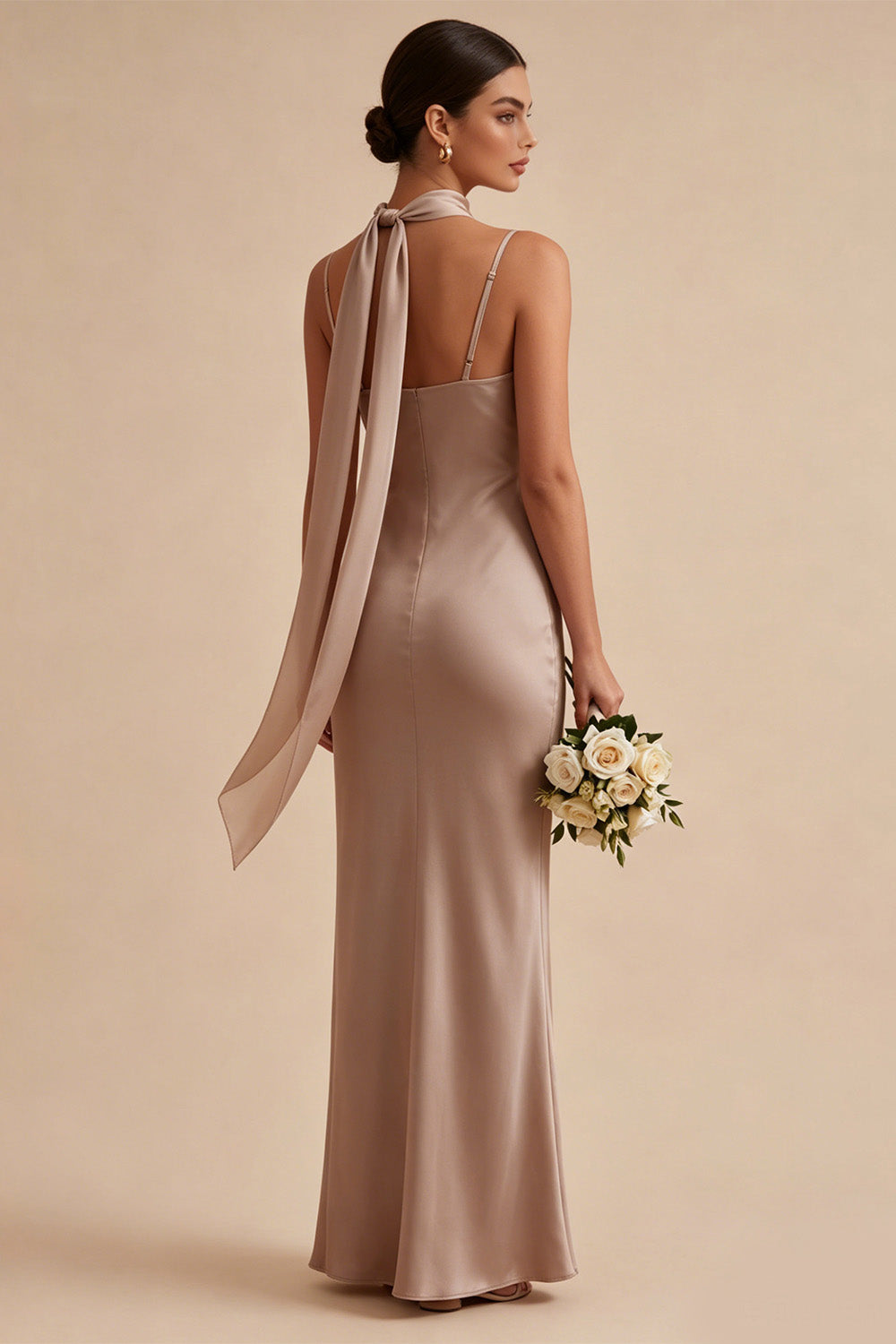 Dusty Rose Mermaid Long Satin Wedding Guest Dress with Neck Scarf