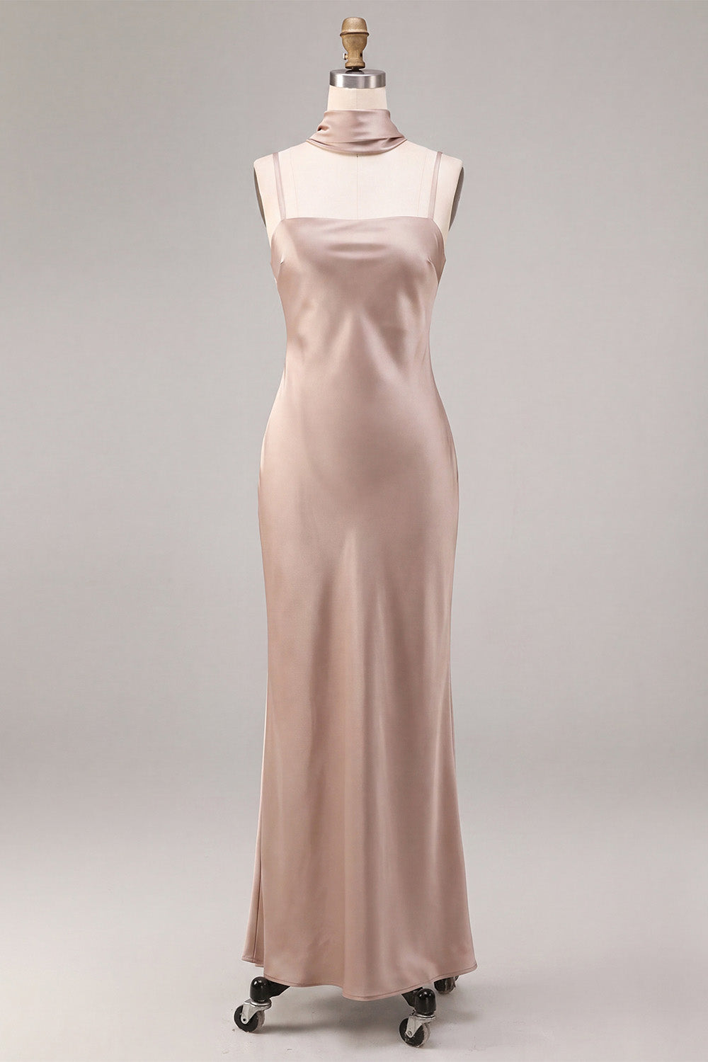 Dusty Rose Mermaid Long Satin Wedding Guest Dress with Neck Scarf