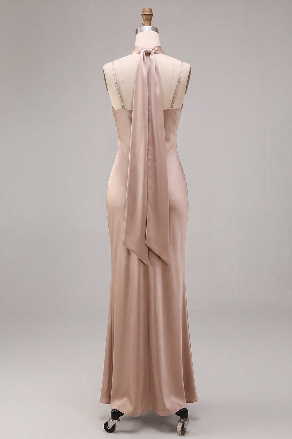 Dusty Rose Mermaid Long Satin Wedding Guest Dress with Neck Scarf
