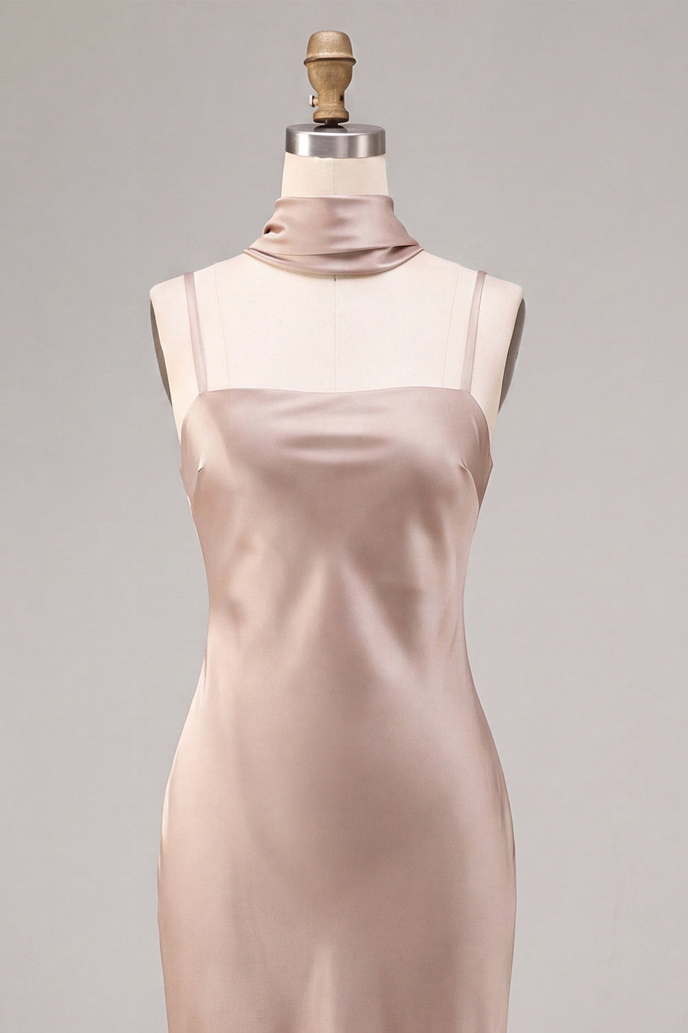 Dusty Rose Mermaid Long Satin Wedding Guest Dress with Neck Scarf