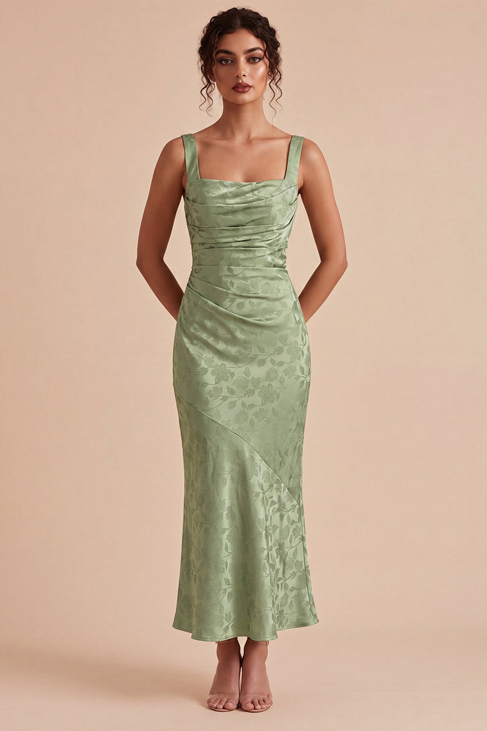 Light Green Floral Mermaid Ruched Maxi Wedding Guest Dress