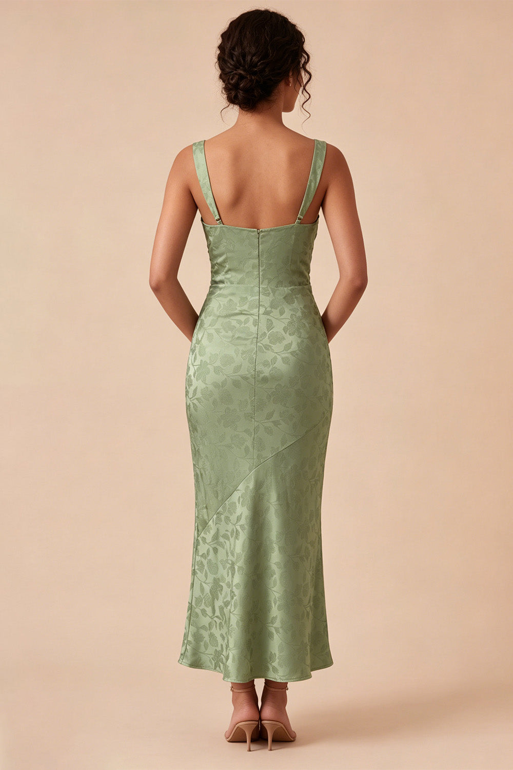 Light Green Floral Mermaid Ruched Maxi Wedding Guest Dress