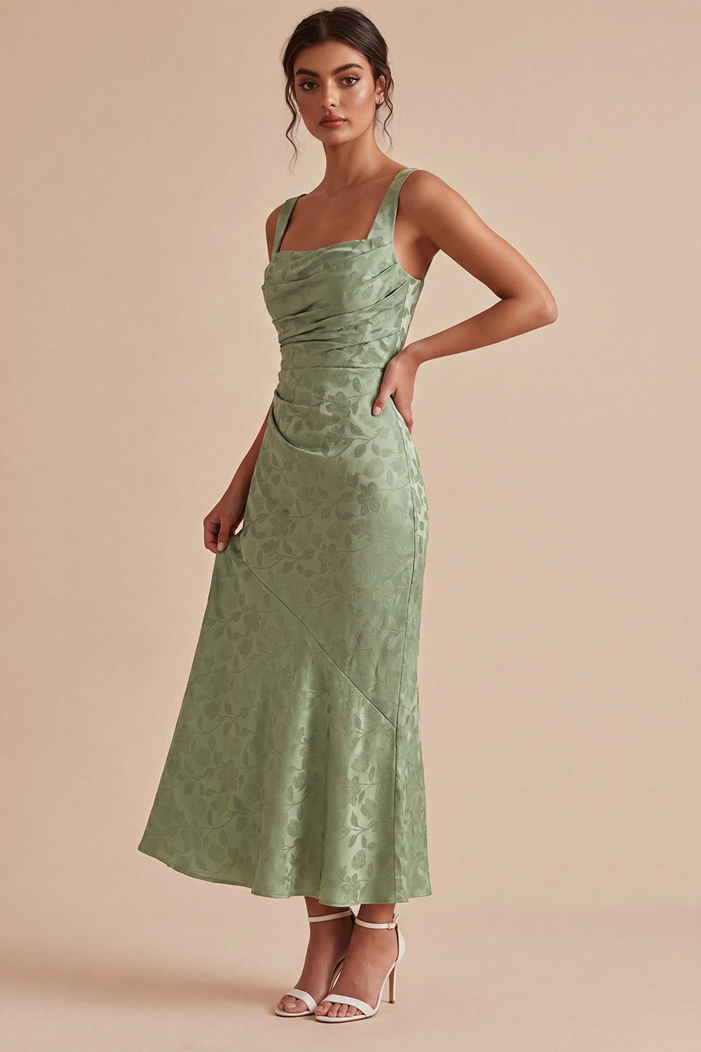 Light Green Floral Mermaid Ruched Maxi Wedding Guest Dress