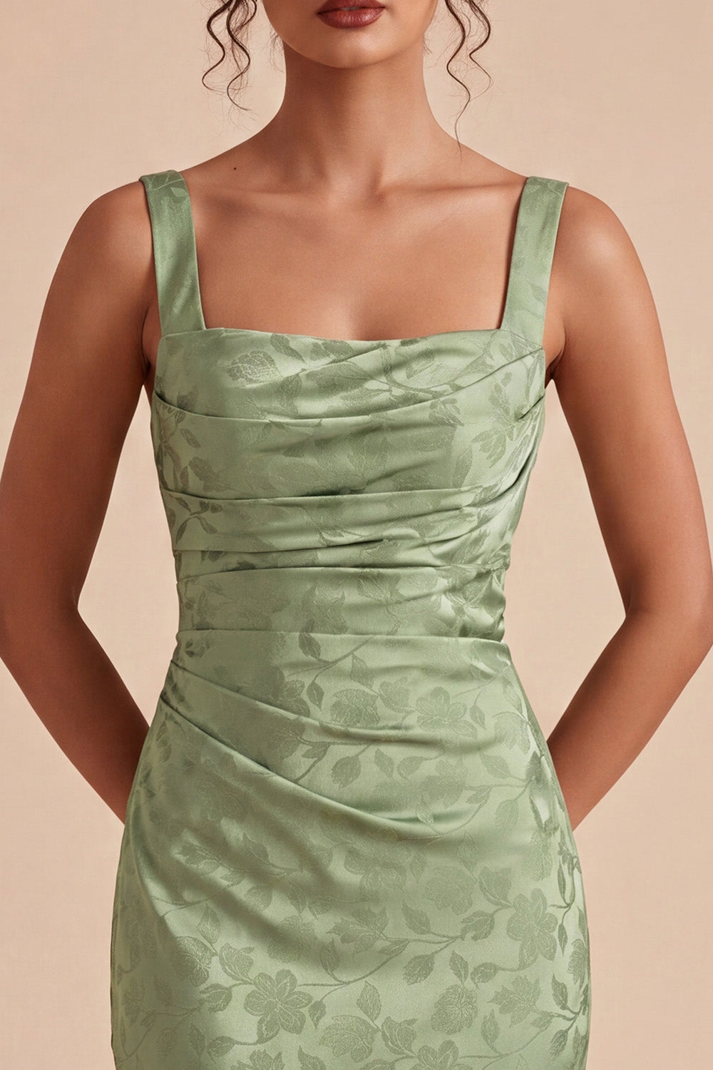 Light Green Floral Mermaid Ruched Maxi Wedding Guest Dress