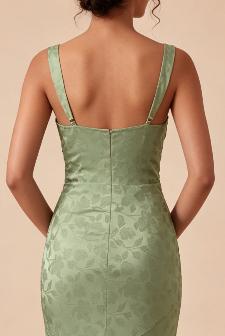 Light Green Floral Mermaid Ruched Maxi Wedding Guest Dress