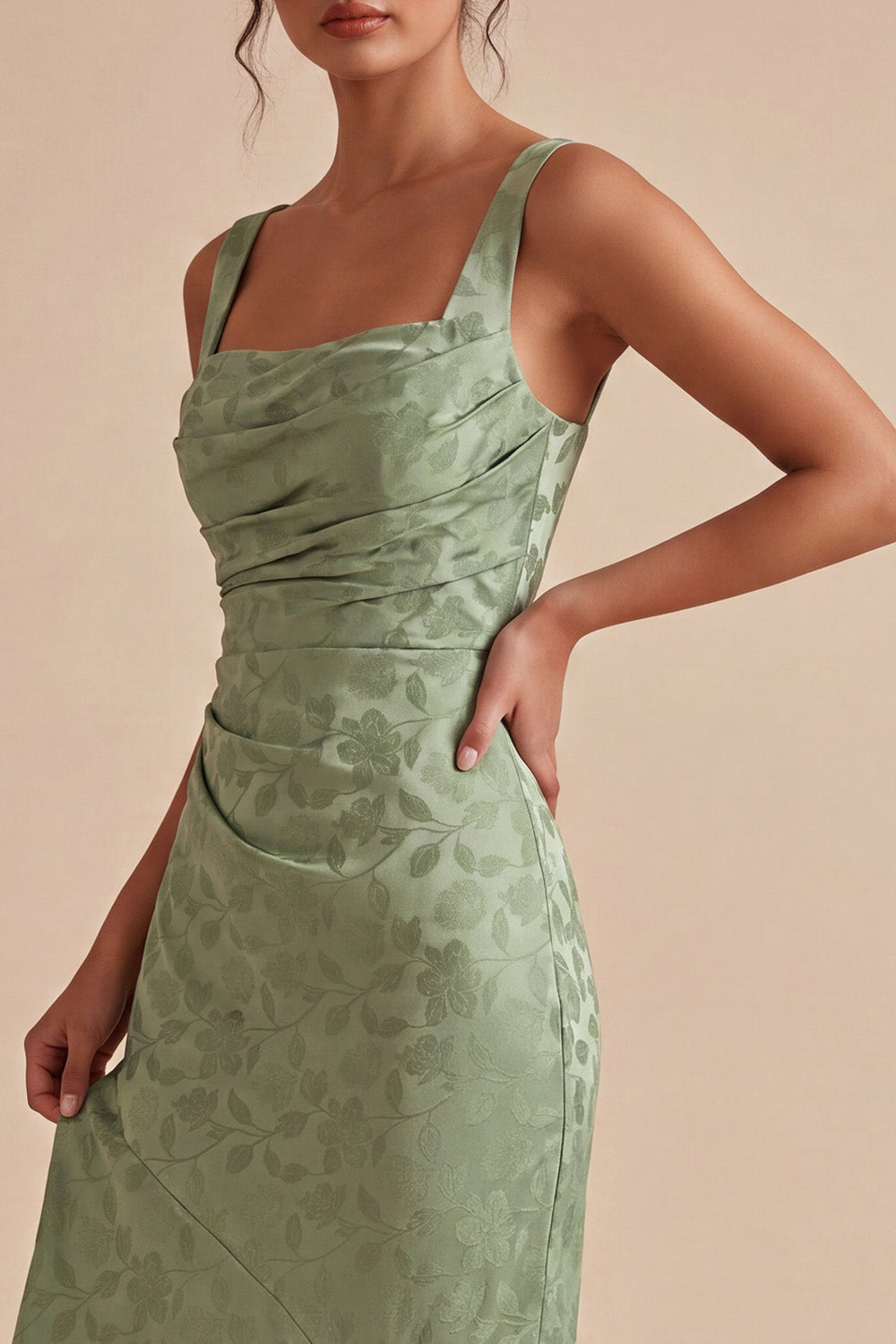Light Green Floral Mermaid Ruched Maxi Wedding Guest Dress
