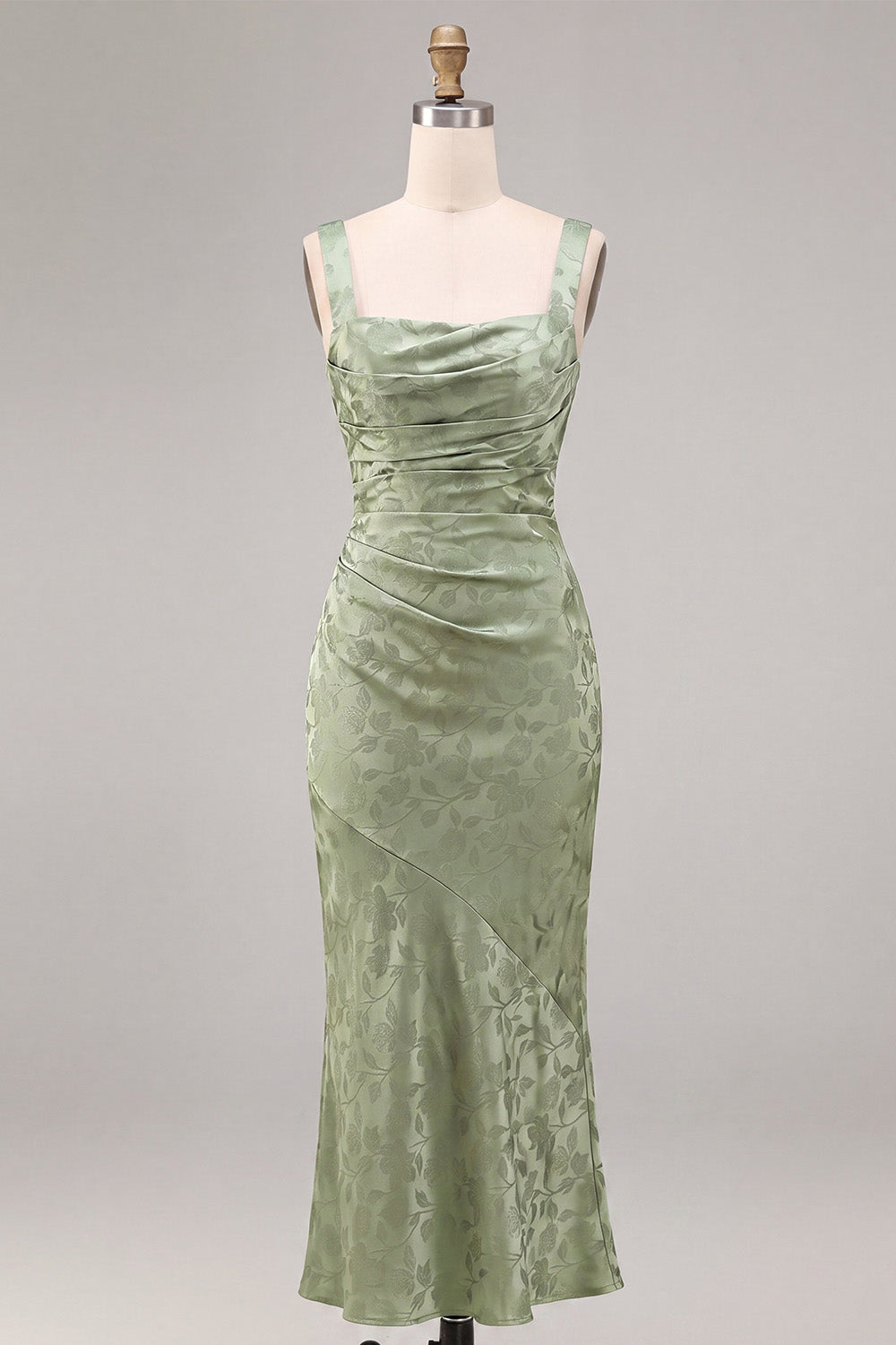 Light Green Floral Mermaid Ruched Maxi Wedding Guest Dress