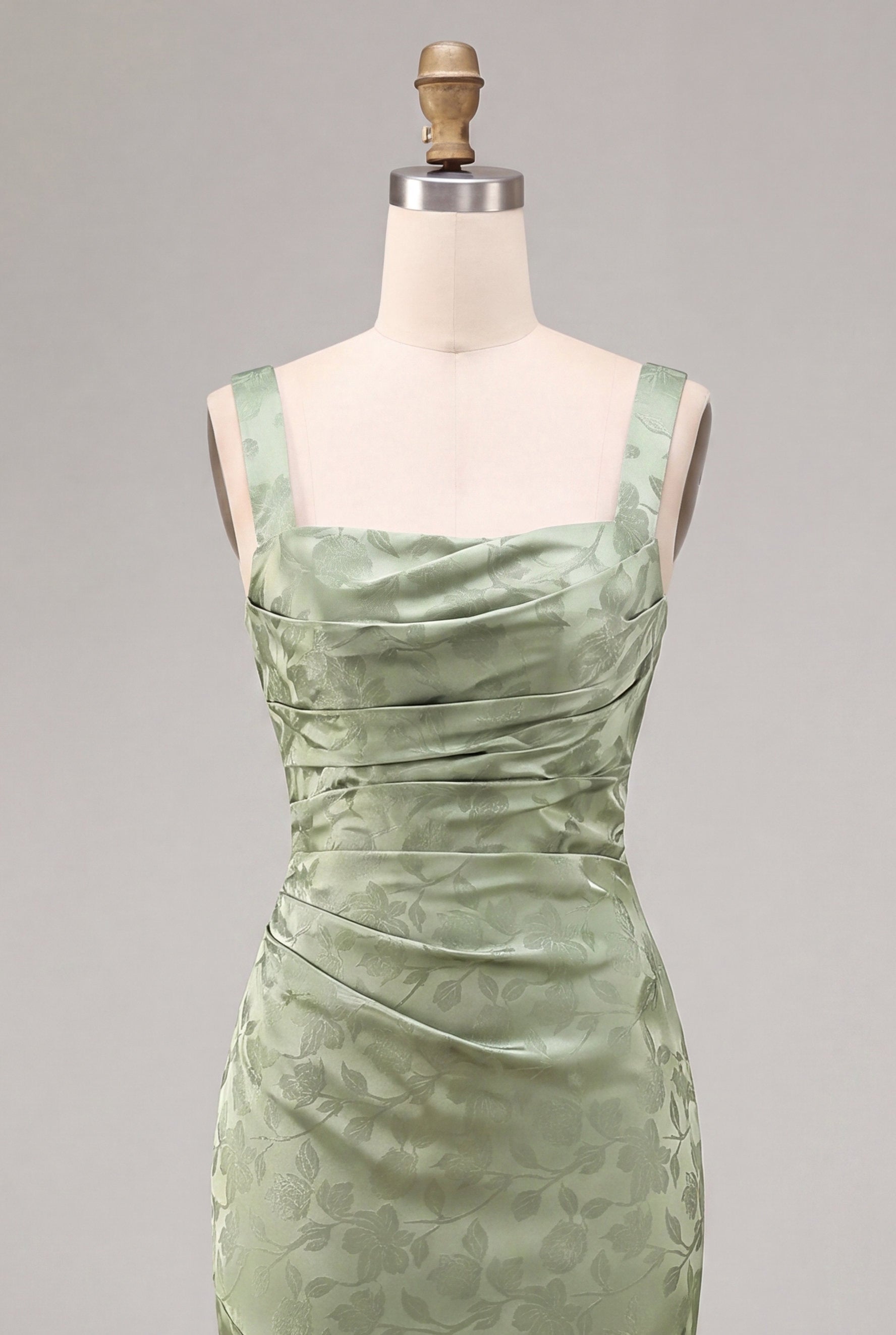 Light Green Floral Mermaid Ruched Maxi Wedding Guest Dress