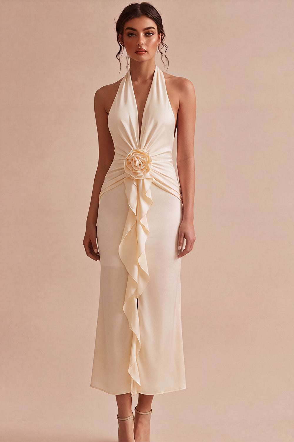 Apricot Ruched Ruffled Maxi Wedding Guest Dress with 3D Flower