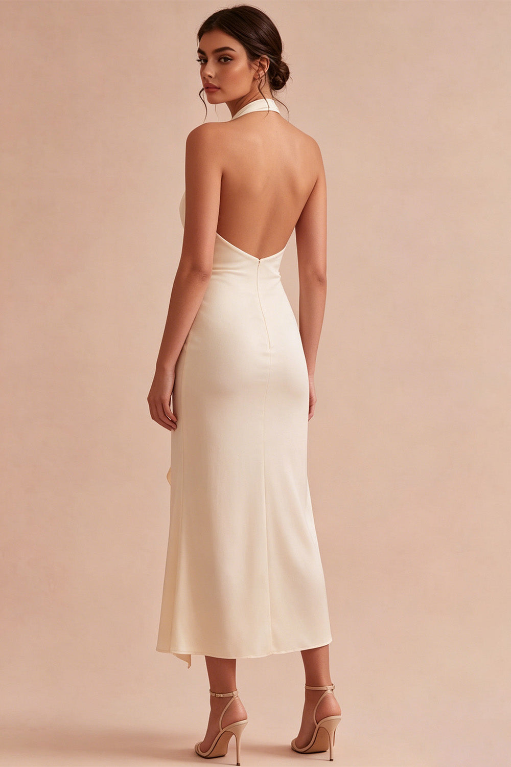 Apricot Ruched Ruffled Maxi Wedding Guest Dress with 3D Flower