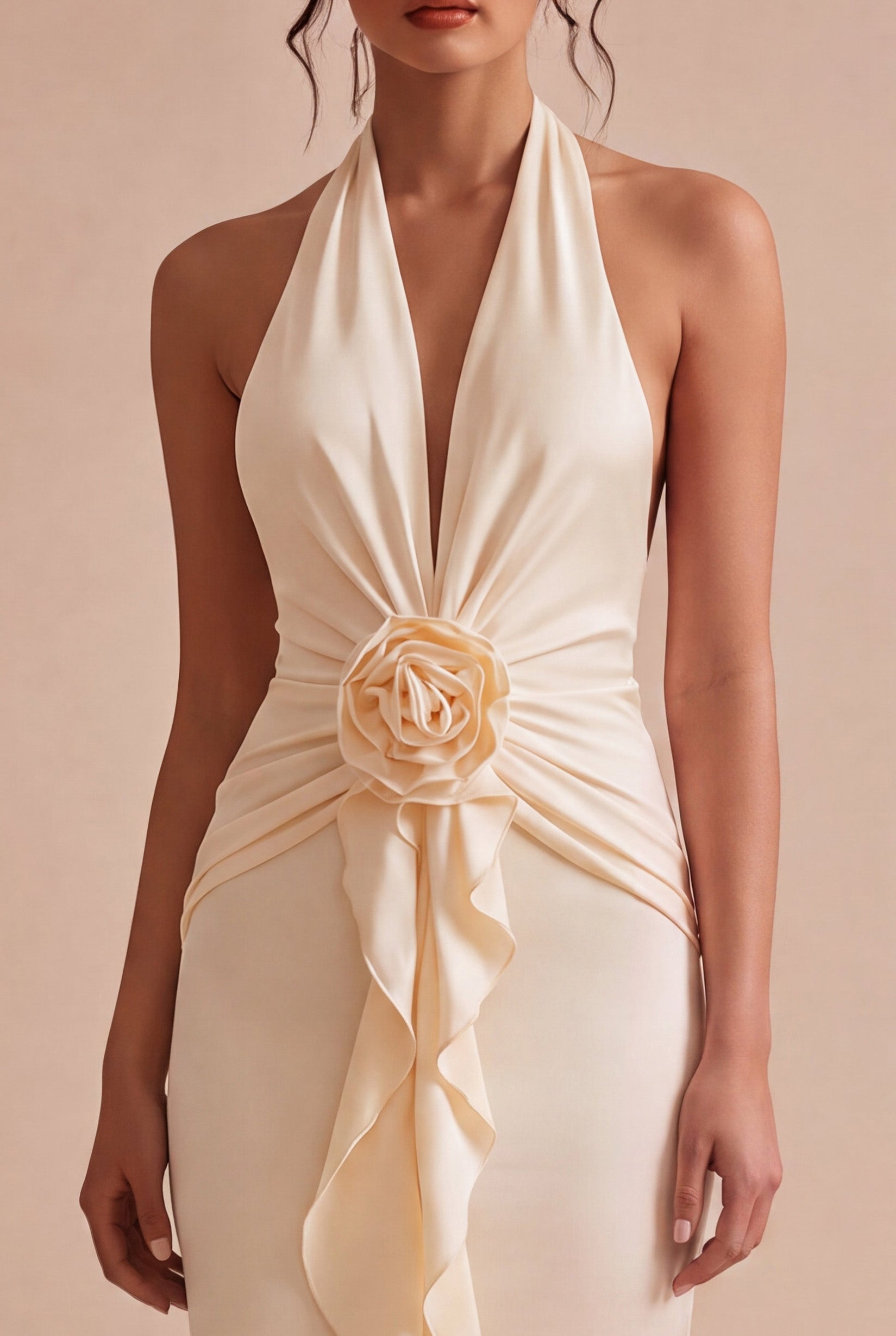 Apricot Ruched Ruffled Maxi Wedding Guest Dress with 3D Flower