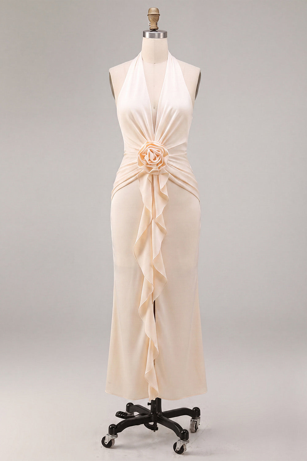 Apricot Ruched Ruffled Maxi Wedding Guest Dress with 3D Flower