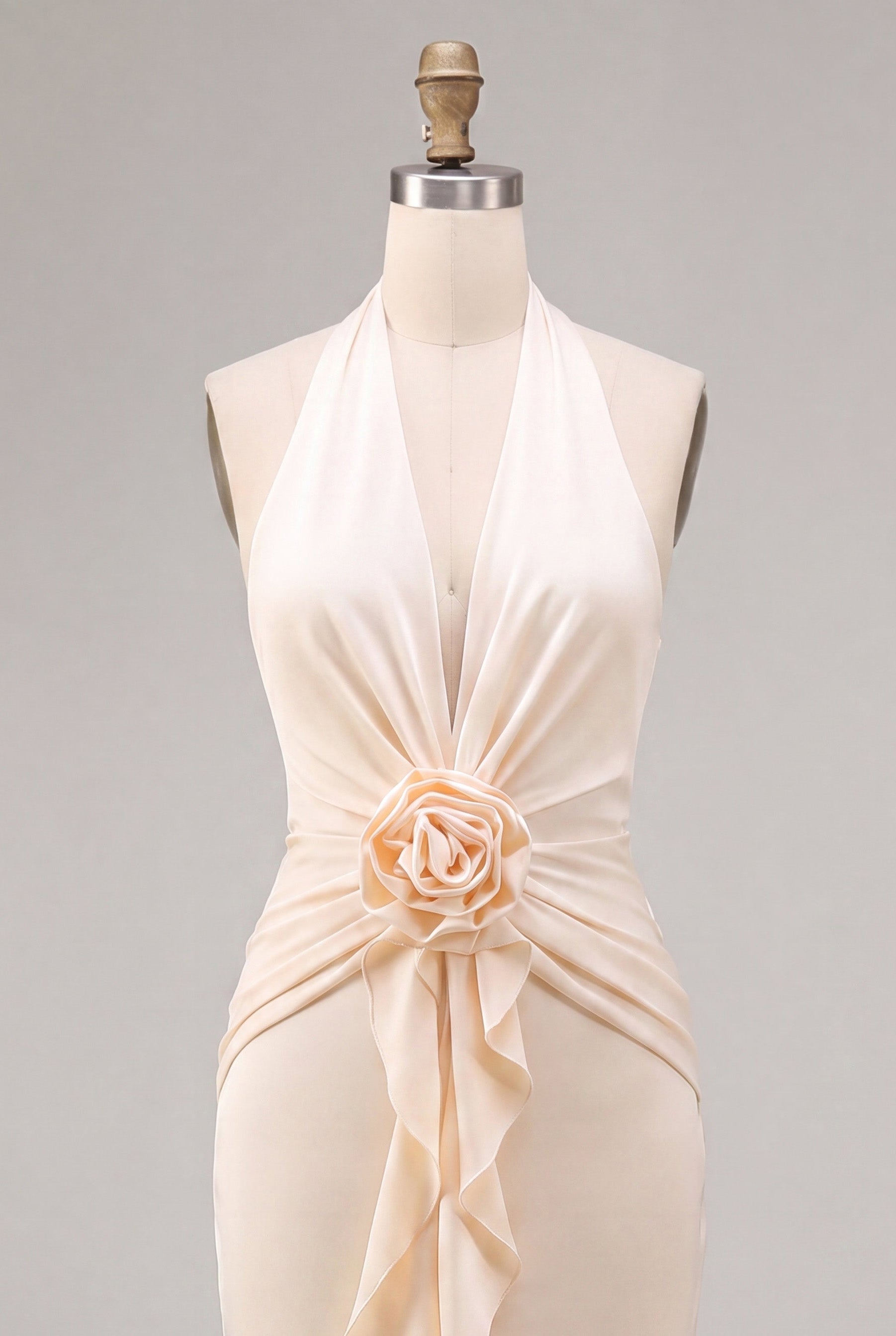 Apricot Ruched Ruffled Maxi Wedding Guest Dress with 3D Flower