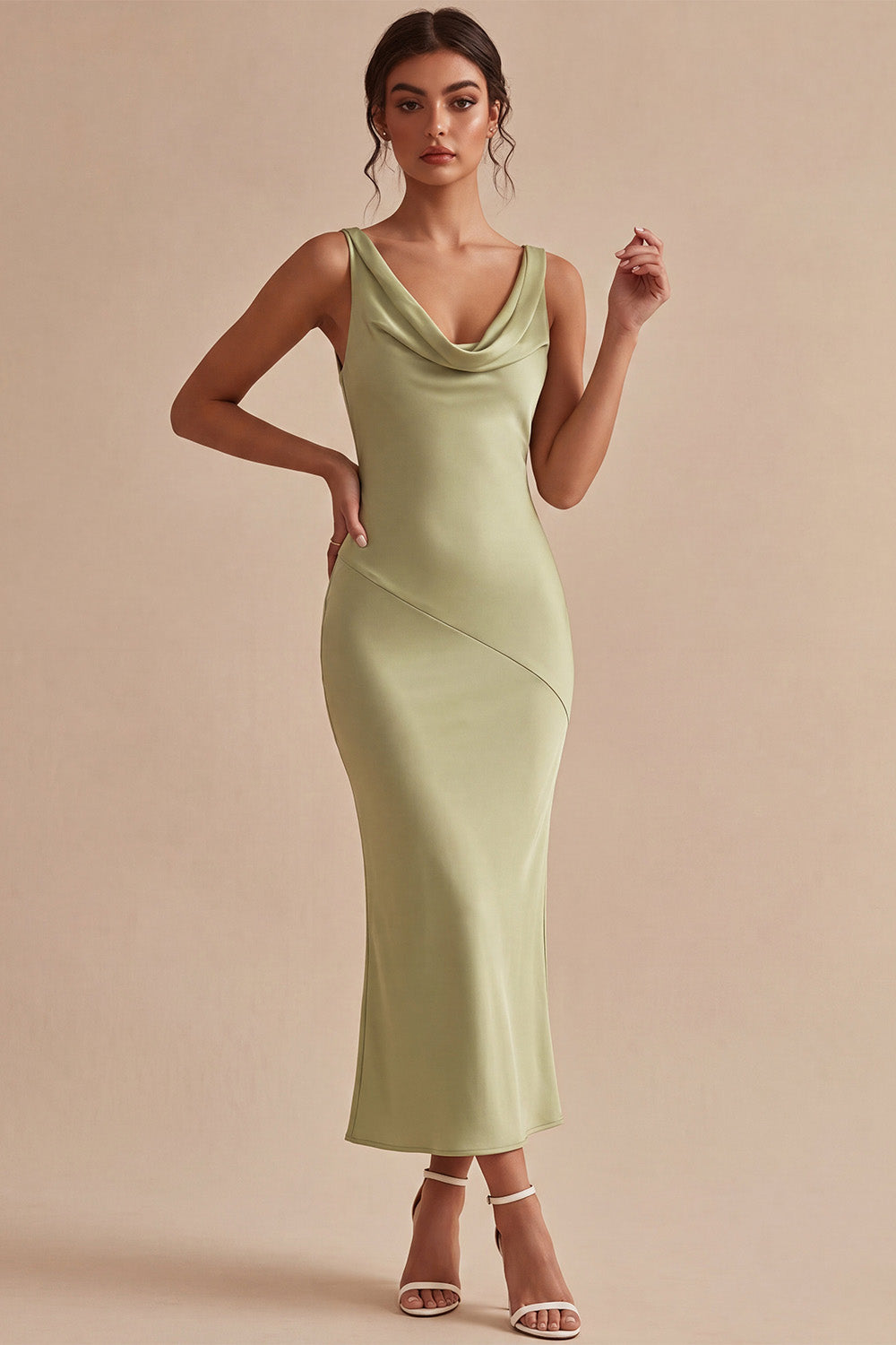 Light Green Cowl Neck Mermaid Satin Maxi Wedding Guest Dress